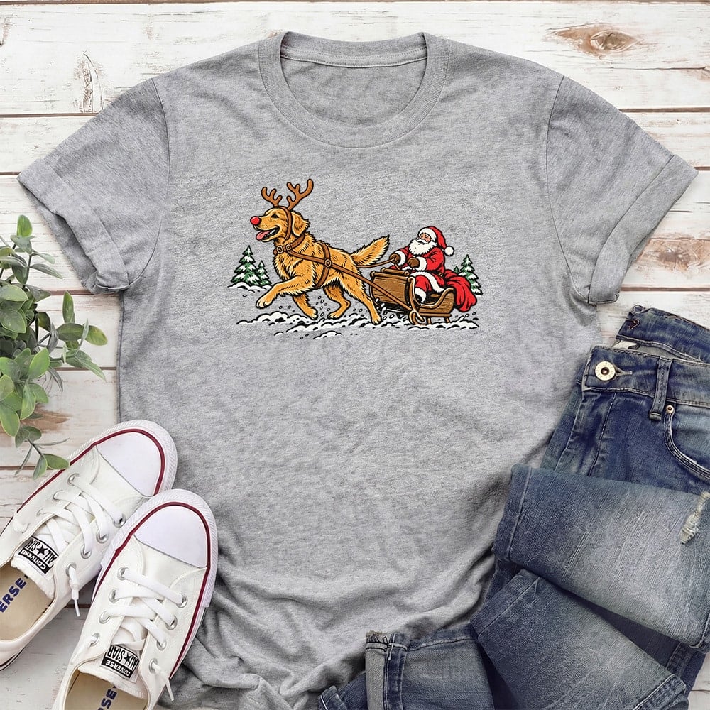 Golden Pulling Santa Standard Tee Heather Grey