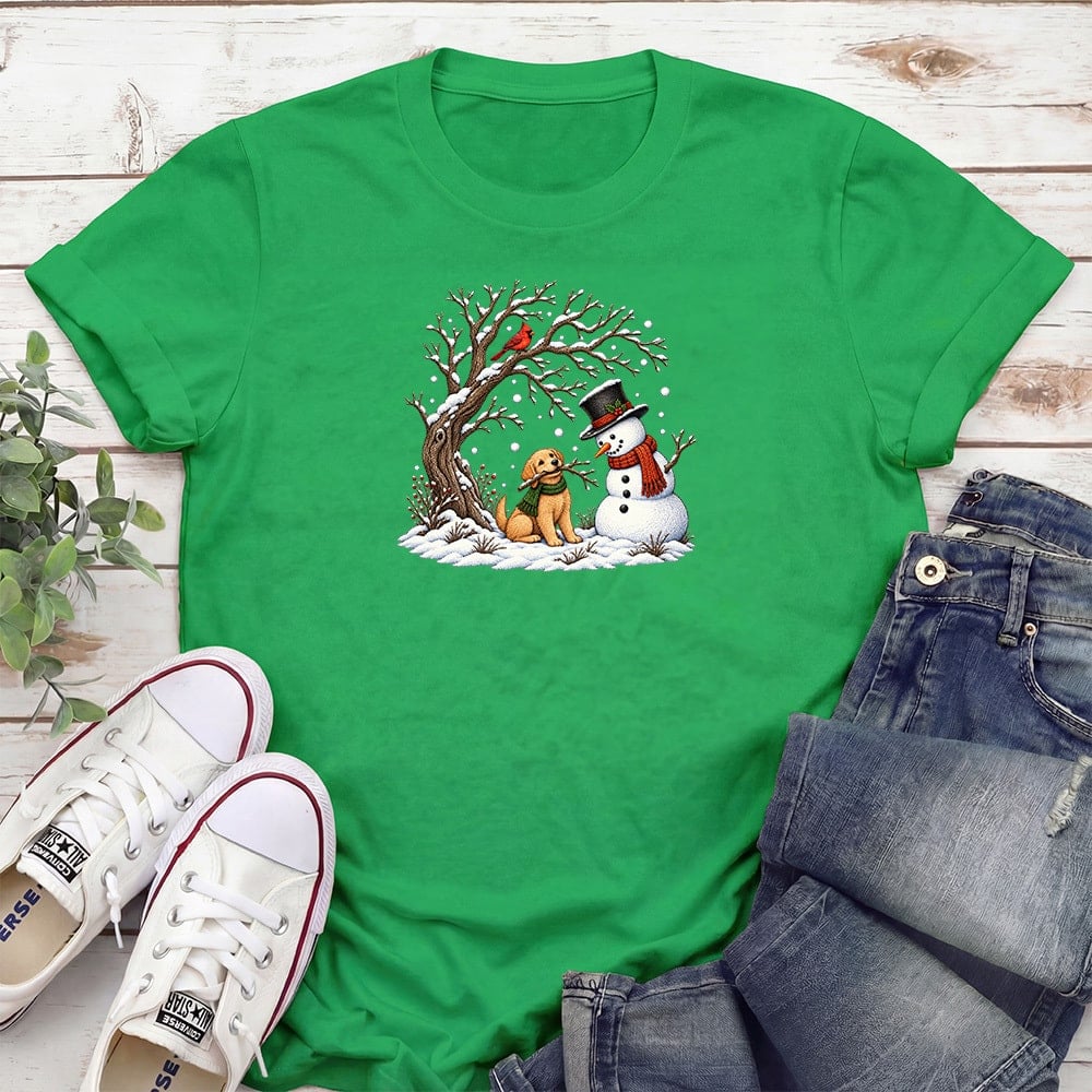 Snowman With Puppy Standard Tee Green