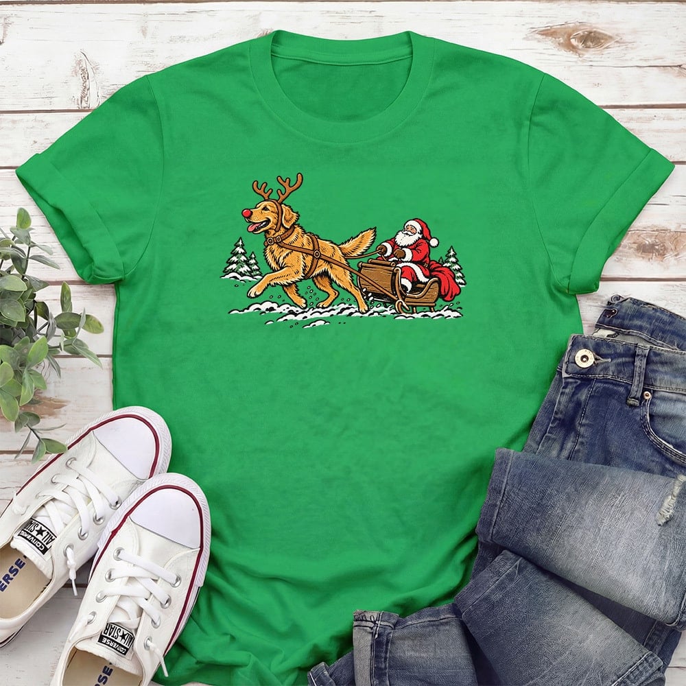 Golden Pulling Santa Standard Tee Green