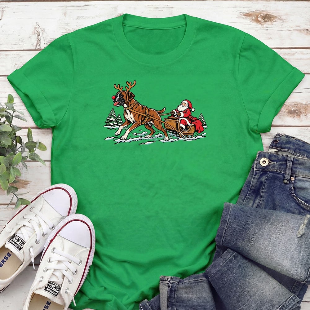 Boxer Pulling Santa Standard Tee Green