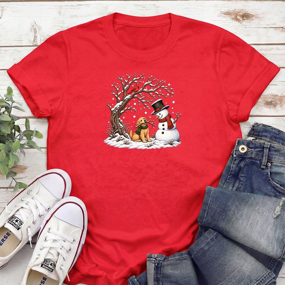 Snowman With Puppy Standard Tee Red