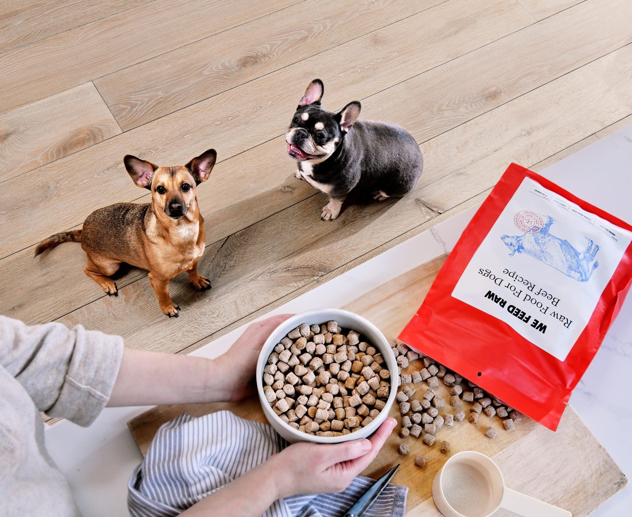 Two small dogs waiting on a wood floor as a person scoops We Feed Raw Freeze-Dried Nuggets into a bowl