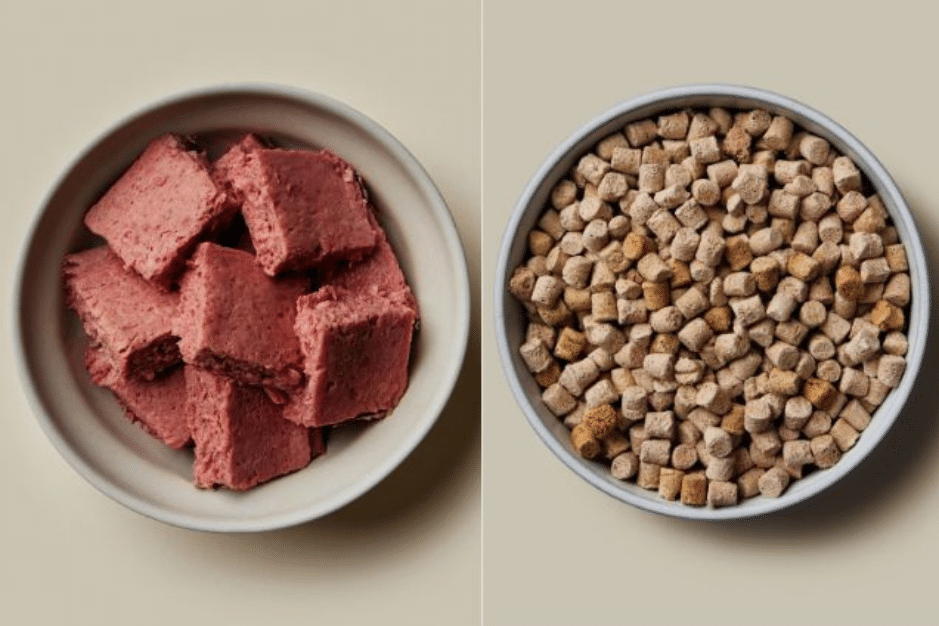 Bowl of We Feed Raw Fresh Patties beside a bowl of Freeze-Dried Nuggets
