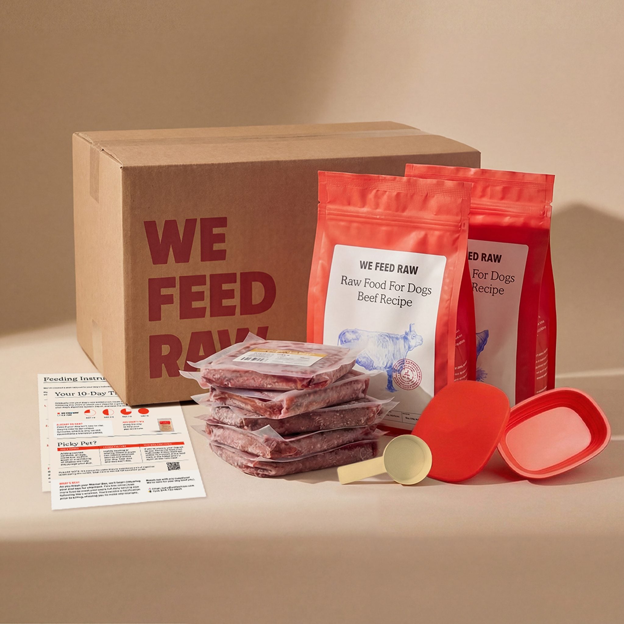 We Feed Raw Starter Box with frozen beef patties, bags of food, a silicone storage container, a scoop, and feeding guides