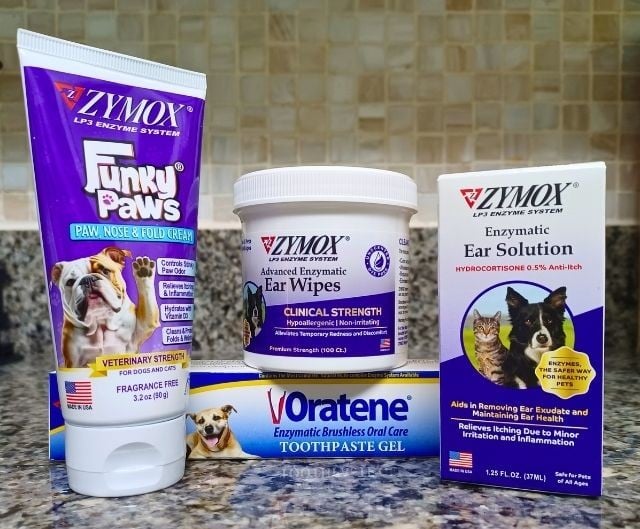 ZYMOX Funky Paws, Ear Wipes, Ear Solution, and Oratene toothpaste gel